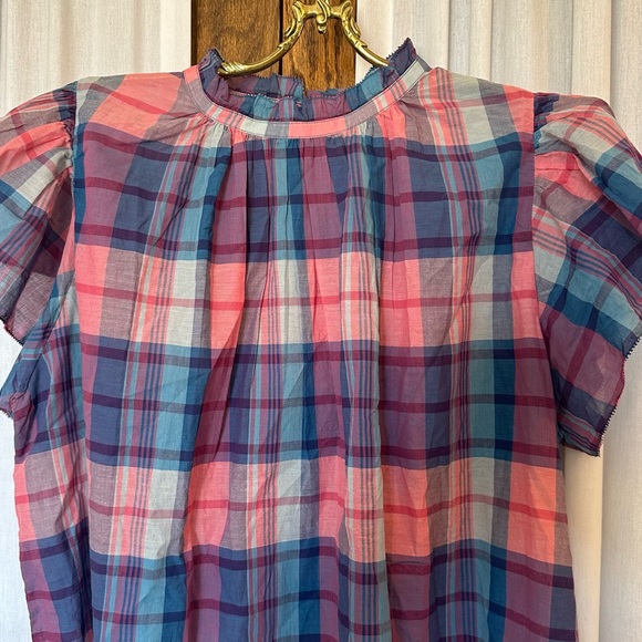 Trovata Birds of Paradis Blue Pink Plaid Carla High Neck Shirt - Picture 3 of 13